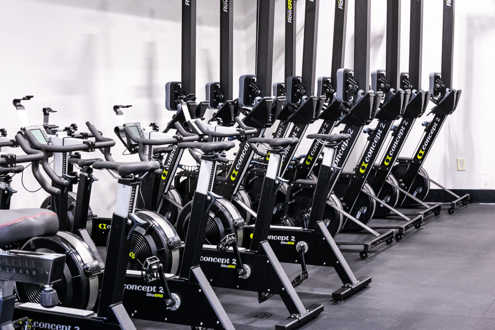 Row of workout machinery.